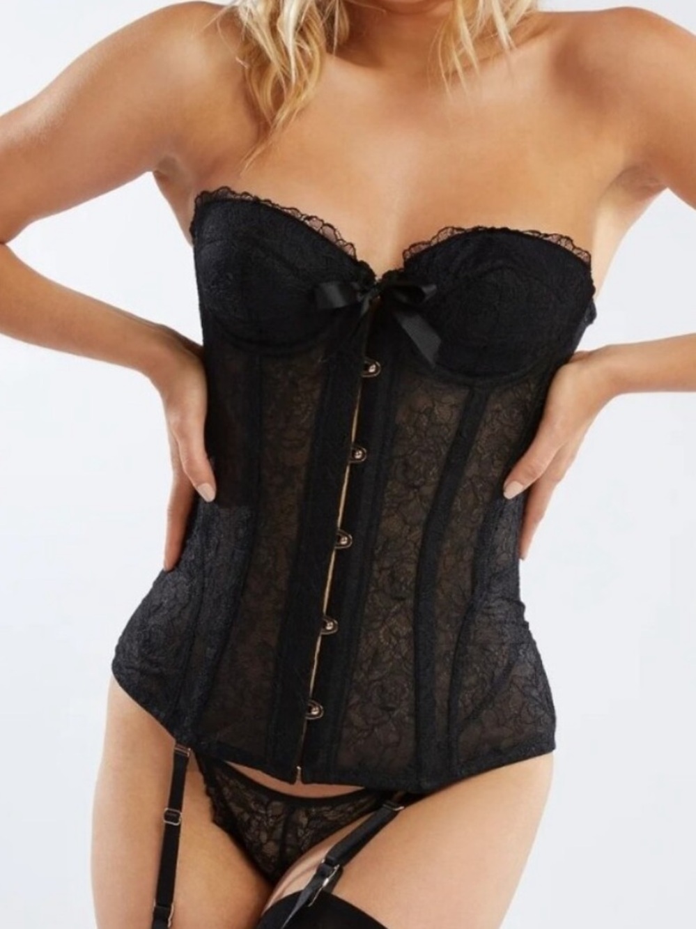 Savage X Fenty Black Lace Bustier Corset with Garter Straps